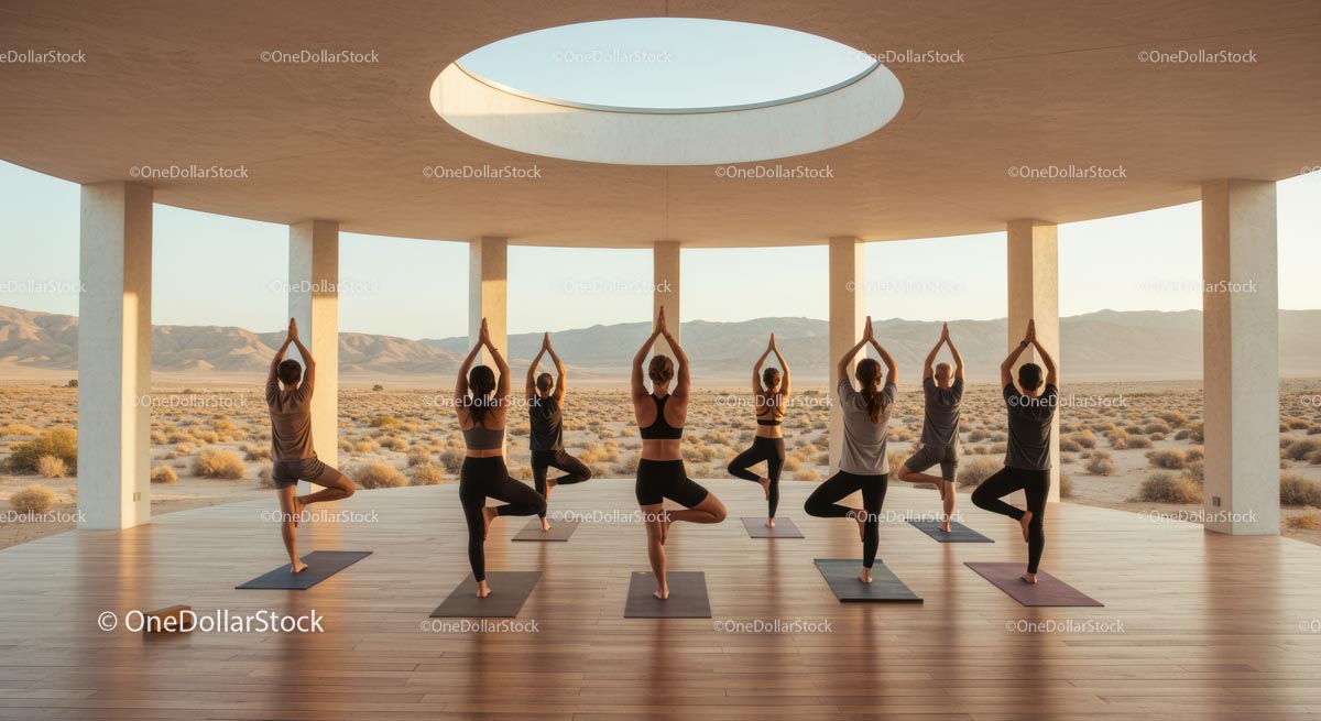 Yoga Class Practicing in Desert Pavilion