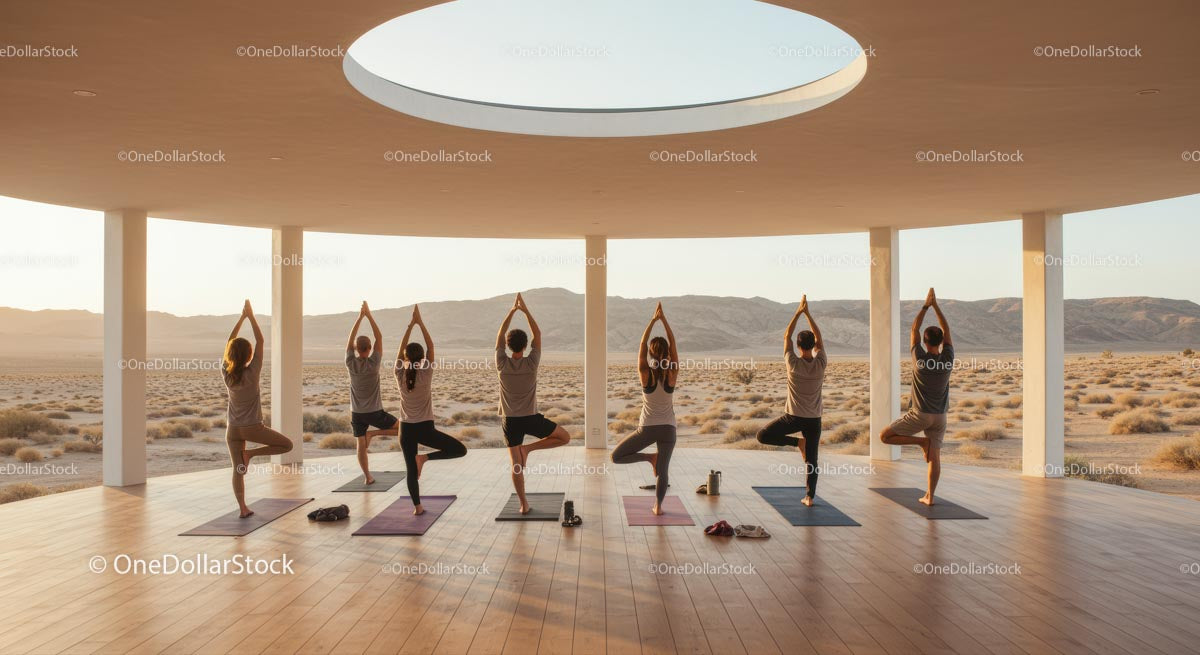 Group Yoga Session in Desert Pavilion at Sunrise