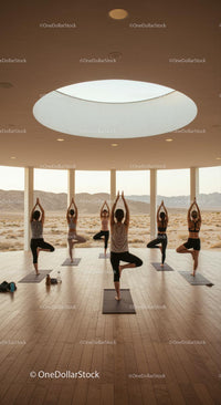 Group Yoga Class in a Scenic Desert Pavilion