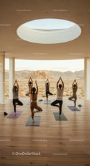 Outdoor Yoga Class in Desert Landscape with Mountain Views