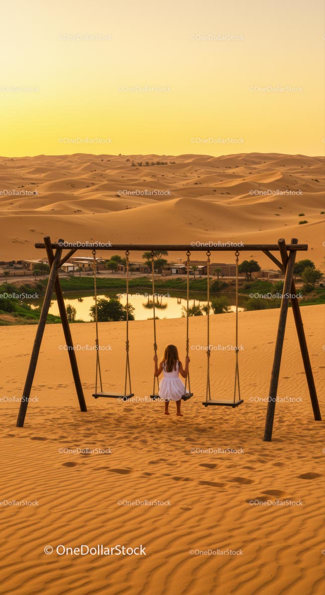 Child on Swing Overlooking Tranquil Desert Oasis