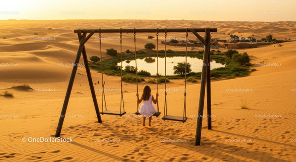 Girl on Swing Overlooking Desert Oasis at Sunset