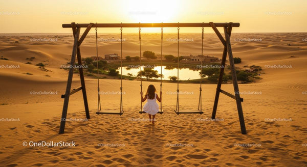 Girl on Swing Overlooking Desert Oasis at Sunset