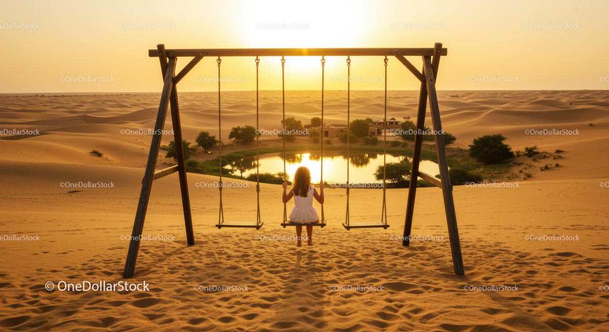 Girl on Swing Overlooking Desert Oasis at Sunset