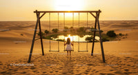 Girl on Swing Overlooking Desert Oasis at Sunset