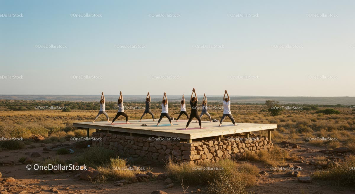 Group Yoga Practice on Elevated Outdoor Platform in Desert