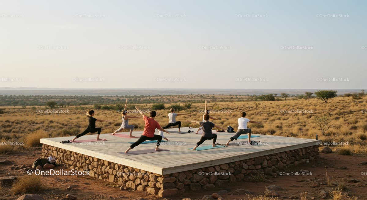 Group Yoga Session on Elevated Desert Platform