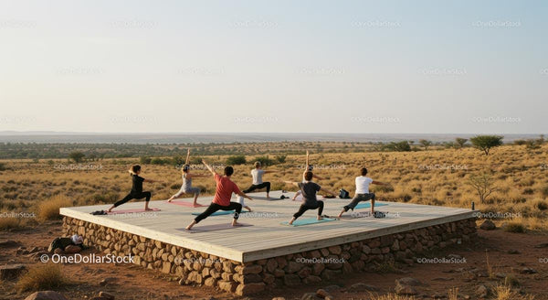 Group Yoga Session on Elevated Desert Platform