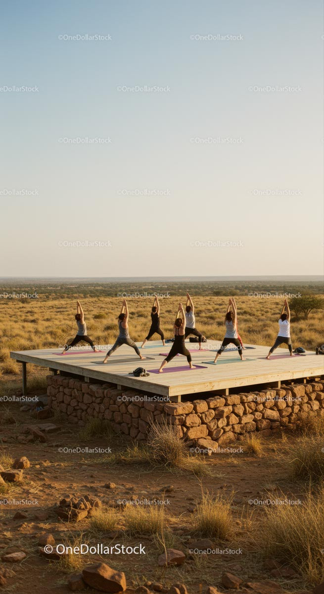 Group Practicing Yoga on Desert Platform at Sunrise