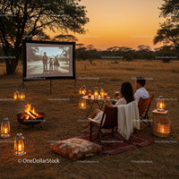 Outdoor Movie Night at Sunset in a Serene Landscape