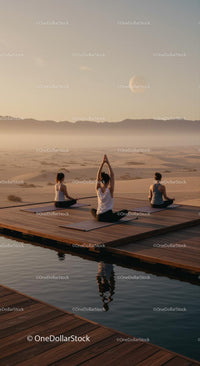 Serene Yoga Retreat at Sunrise in a Desert Oasis