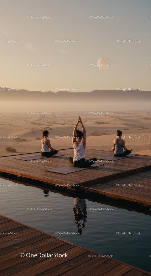 Spokojny retreat jogi o wschodzie słońca w pustynnym oazie