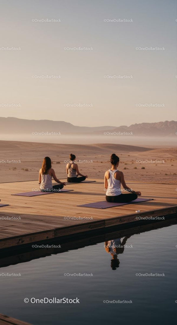 Women Practicing Yoga on a Tranquil Desert Deck