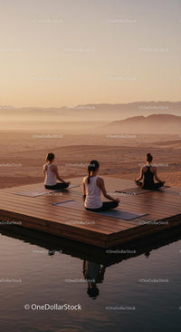 Women Practicing Yoga at Sunrise on Desert Platform