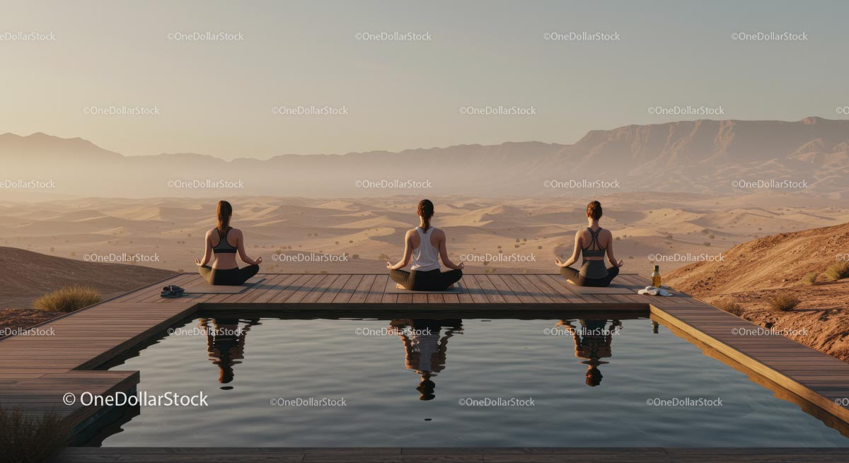 Group Meditation Overlooking Desert Mountains at Sunset