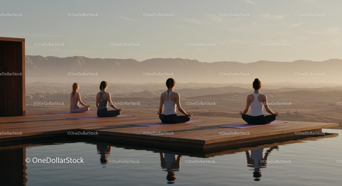 Group Meditation on Tranquil Mountain Deck at Sunrise