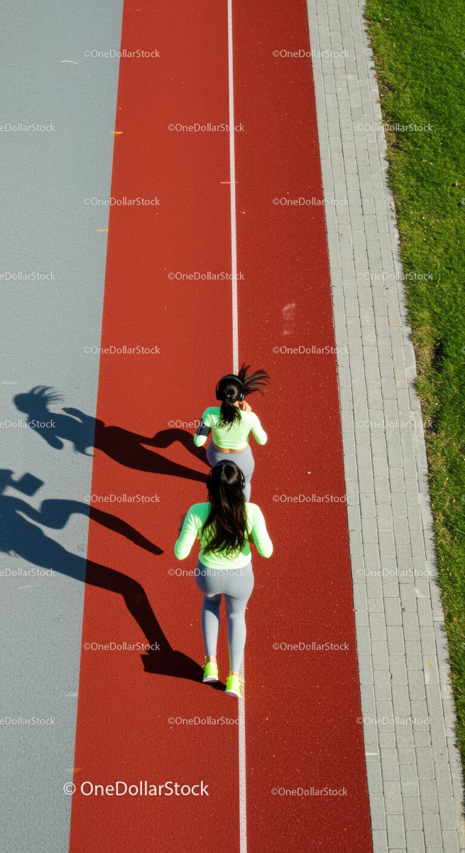 Two Women Jogging on a Red Running Track on a Sunny Day