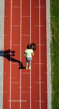 Woman Running on Red Track at Outdoor Stadium