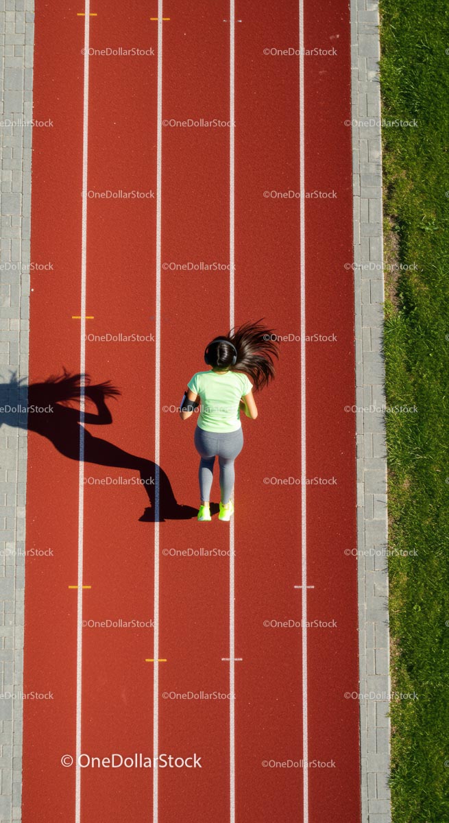 Woman Running on Red Track at Outdoor Stadium
