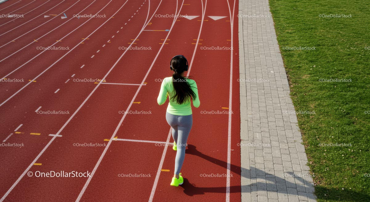 Woman Jogging on Outdoor Running Track in Neon Athletic Wear
