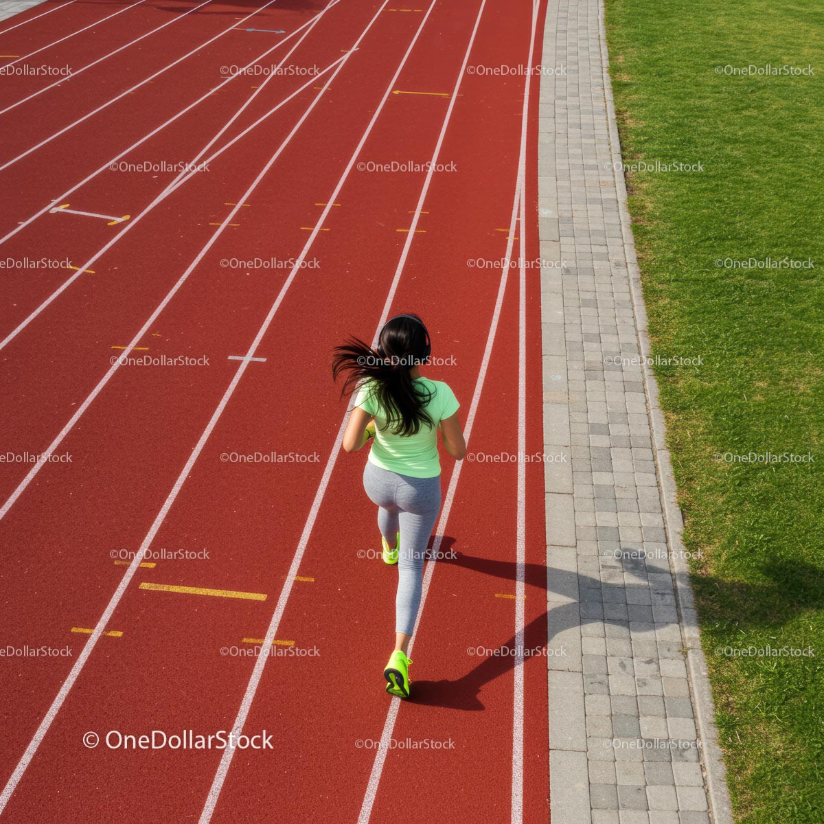 Woman Running on Red Track in Bright Sportswear
