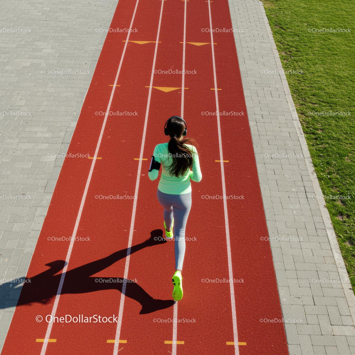 Woman Running on Red Athletic Track in Green Sportswear