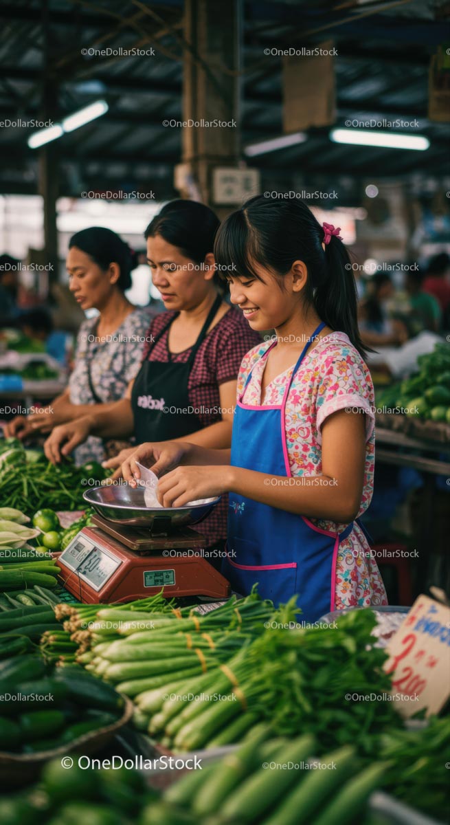 Smiling Vendors at Vibrant Asian Vegetable Market