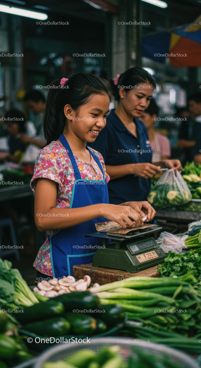 Smiling Girl Weighs Vegetables at Bustling Market Stall