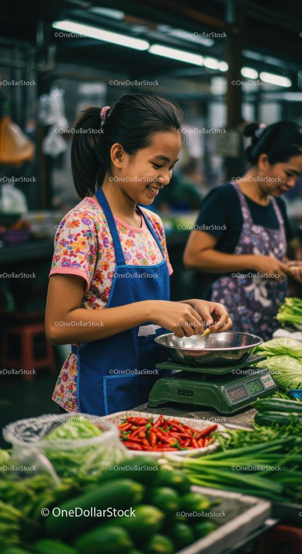 Smiling Vendor Weighing Vegetables at Thai Market