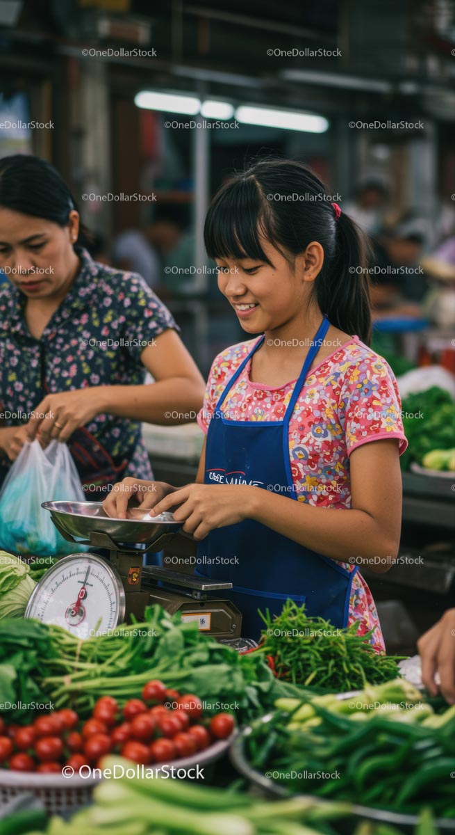 Smiling Vendor Weighing Fresh Vegetables at Market