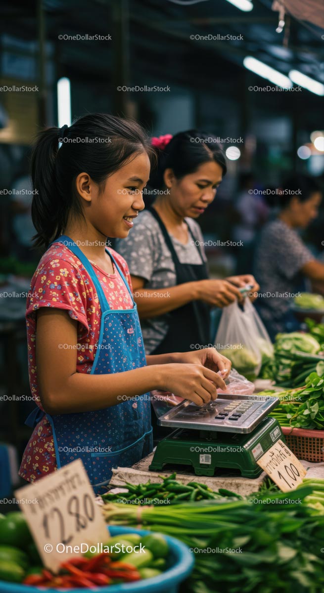 Young Vendor at Vibrant Local Market Stall