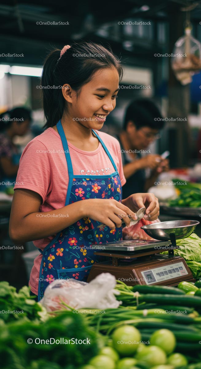 Smiling Young Vendor Weighing Vegetables at Local Market