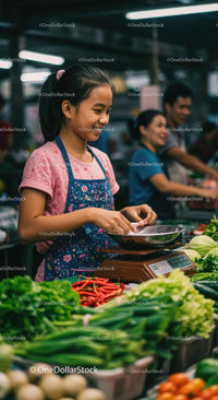 Young Girl Weighing Fresh Produce at Busy Local Market