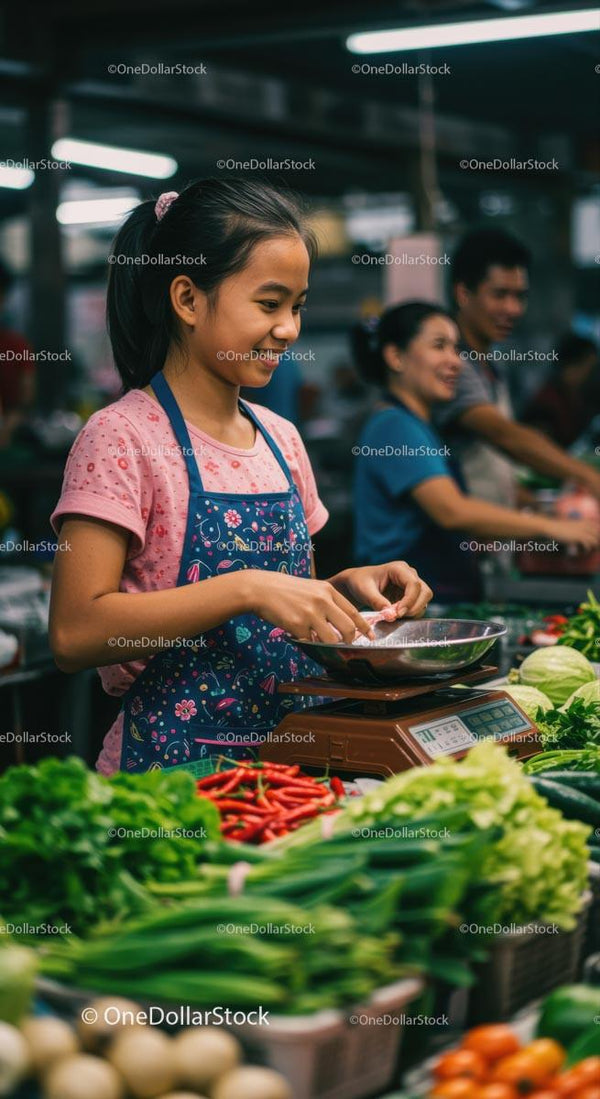 Young Girl Weighing Fresh Produce at Busy Local Market