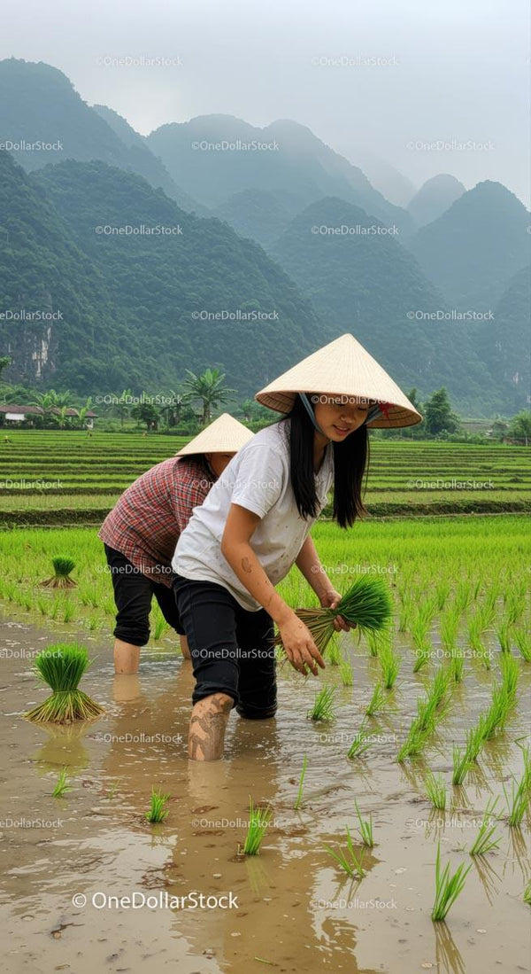 Women Planting Rice in Verdant Mountainous Landscape