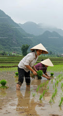 Farmers Planting Rice in Scenic Asian Paddy Field