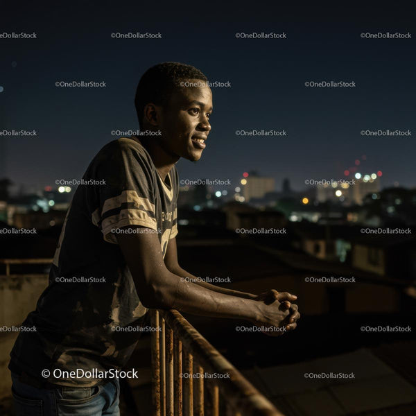 Thoughtful Young Man Gazing Over City Skyline at Night
