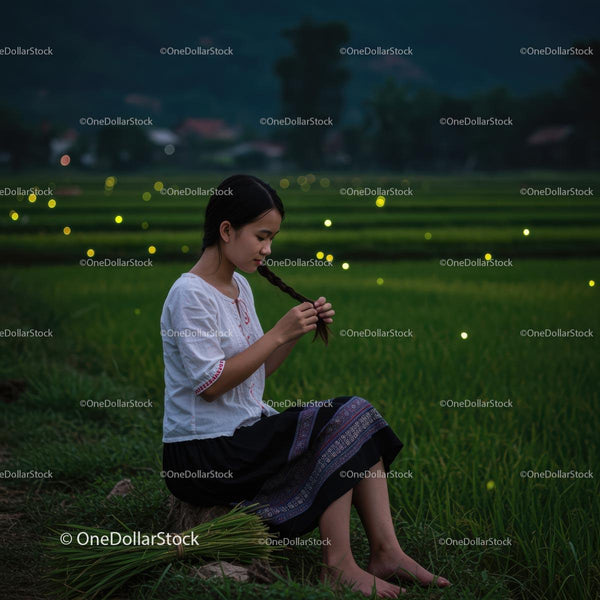 Woman Braiding Hair Amidst Lush Green Rice Fields at Twilight