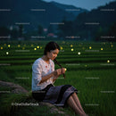 Peaceful Evening in Rice Fields with Woman Braiding Hair
