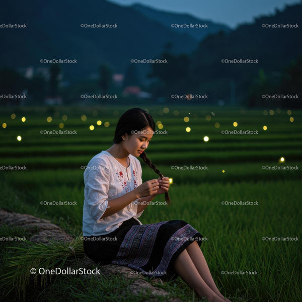 Peaceful Evening in Rice Fields with Woman Braiding Hair