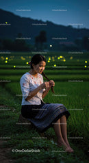 Young Woman Braiding Hair in Twilight Rice Field