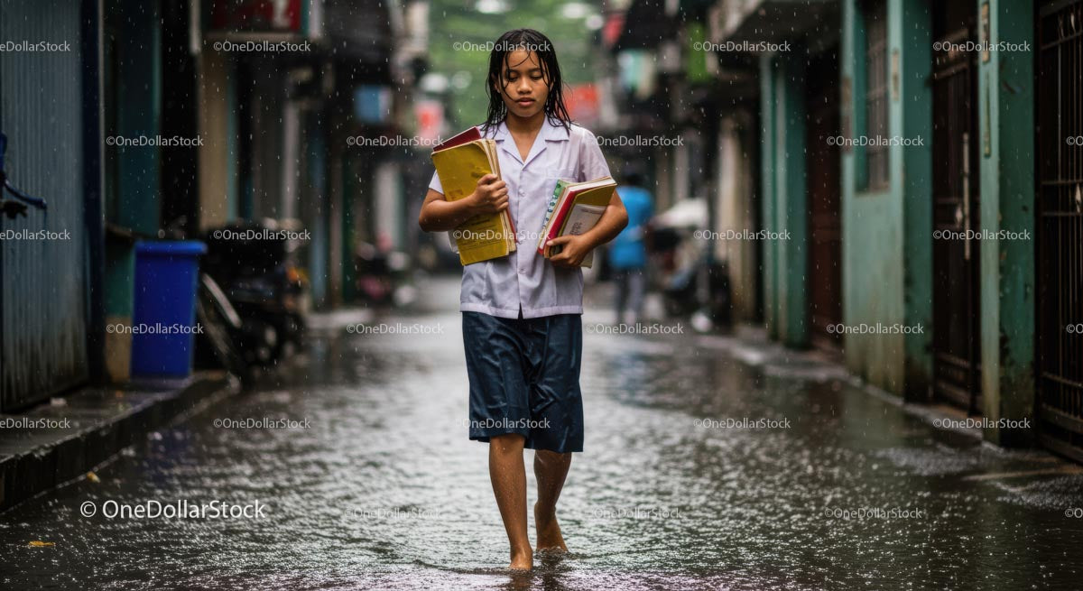 Determined Student Walking in Rain with Books