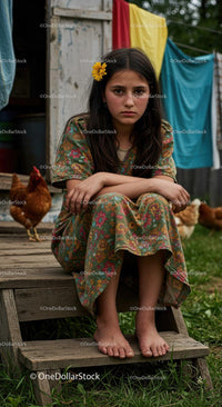 Pensive Girl in Floral Dress Sitting on Rural Steps