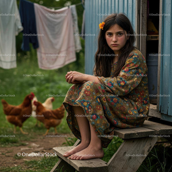 Young Girl Sitting Thoughtfully on Rustic Steps