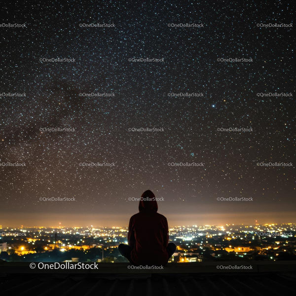 Silhouette Under Starry Sky with City Lights Below