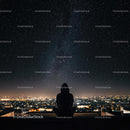 Silhouette Meditating Under Starry Urban Sky