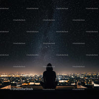 Silhouette Meditating Under Starry Urban Sky