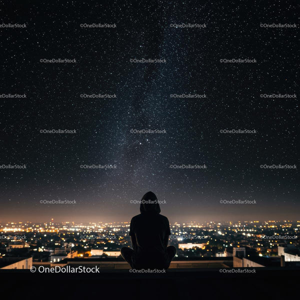 Silhouette Meditating Under Starry Urban Sky