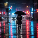 Silhouette of a Person with Umbrella on a Rainy Night