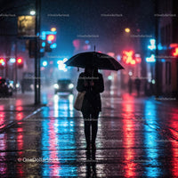 Silhouette of a Person with Umbrella on a Rainy Night